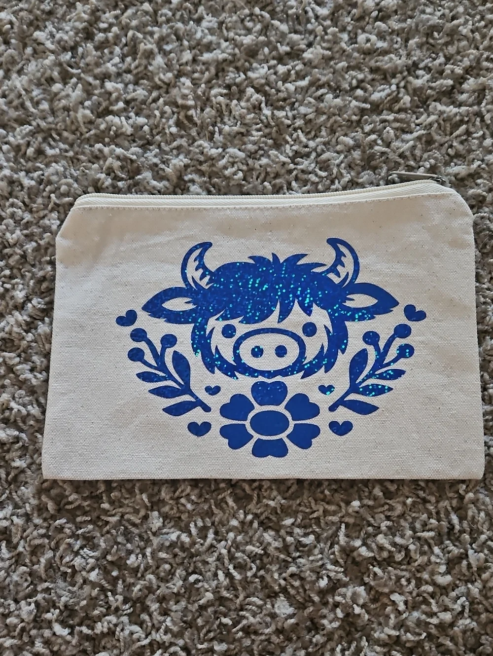 Canvas Zip Pouch with Blue Glitter Highland Cow Design